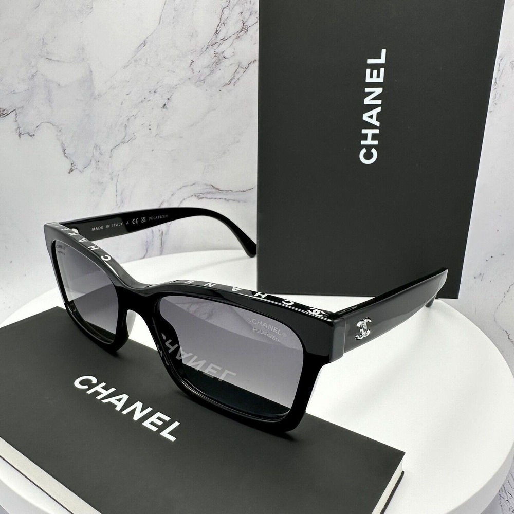 Chanel Sunglasses Black Polarized CHANEL Letter Top Frame Logo Silver CC Square